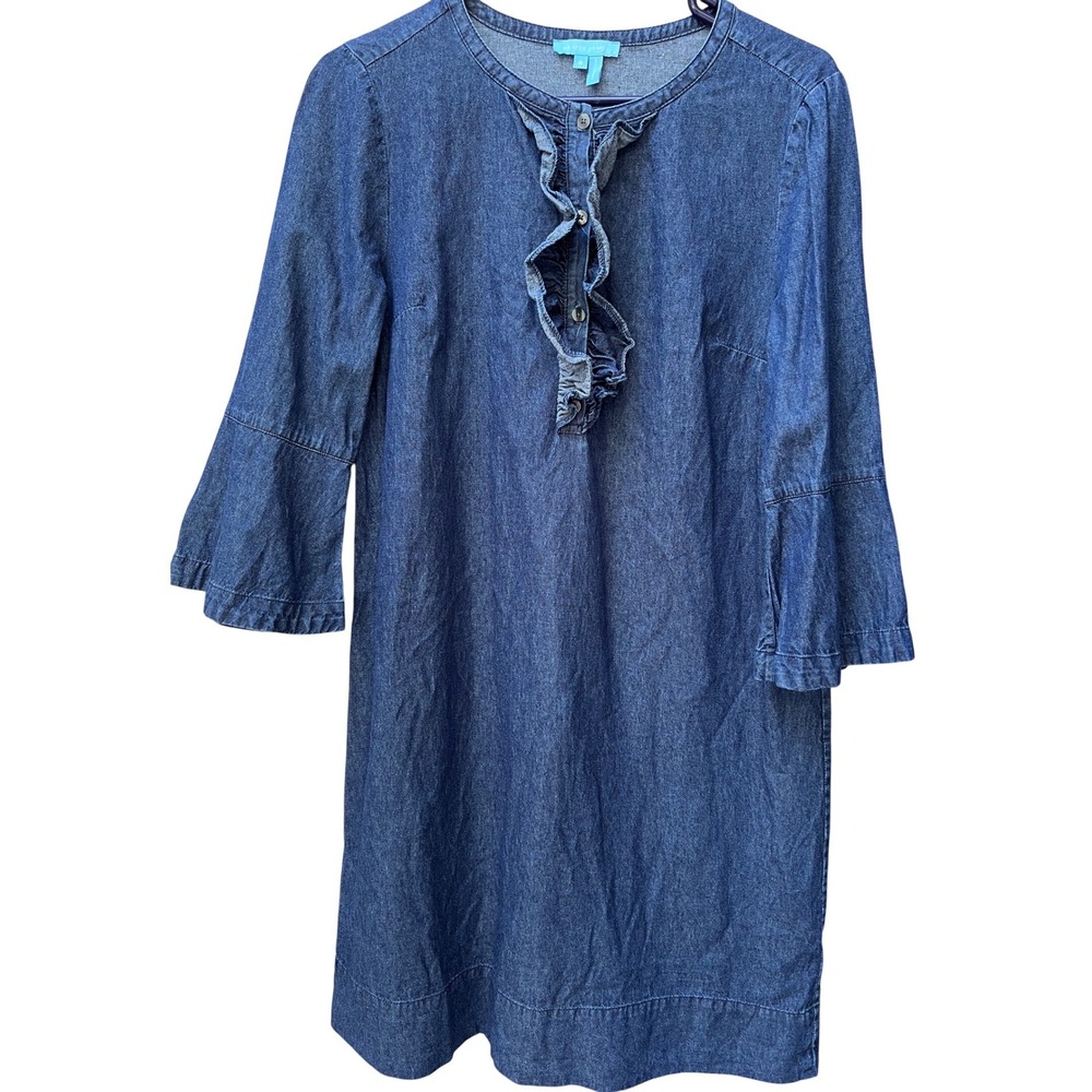Draper James Blue Denim Ruffle Front Bell Sleeve Shift Dress Sz 8 chambray EUC